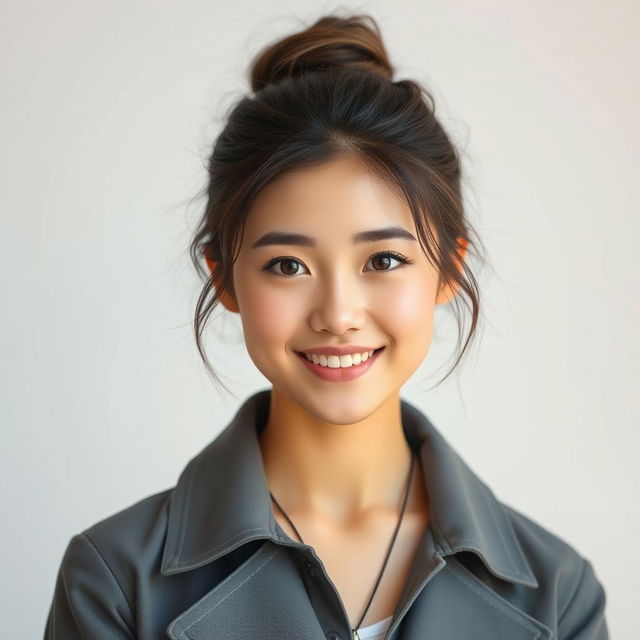 A beautiful young woman with Japanese features, around 20 years old, showcasing a messy bun hairstyle