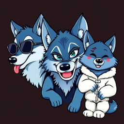 An anime-style caricature logo featuring four wolf characters, each with distinct personalities and shades of blue