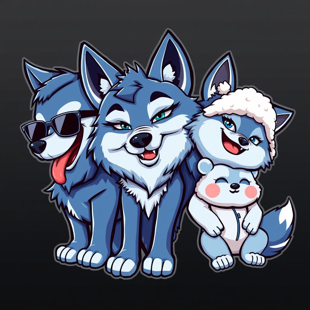 An anime-style caricature logo featuring four wolf characters, each with distinct personalities and shades of blue