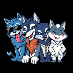 An anime-style caricature logo featuring four wolf characters, each with distinct personalities and shades of blue