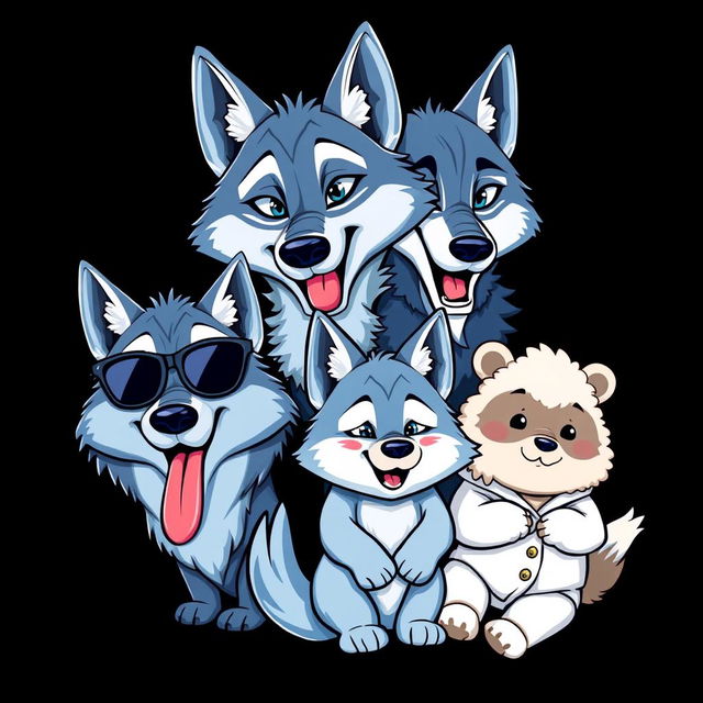 An anime-style caricature logo featuring four wolf characters, each with distinct personalities and shades of blue