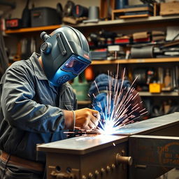 A skilled welder working on a large metal structure in a workshop environment