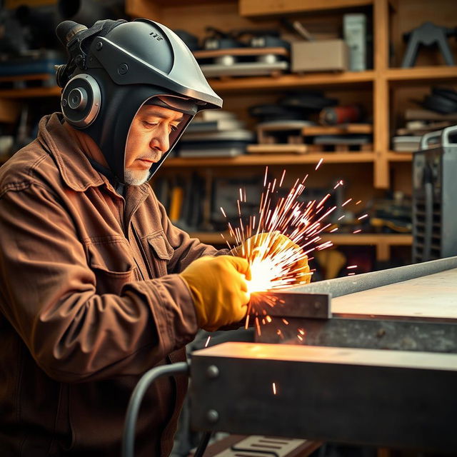 A skilled welder working on a large metal structure in a workshop environment