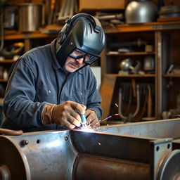 A skilled welder working on a large metal structure in a workshop environment