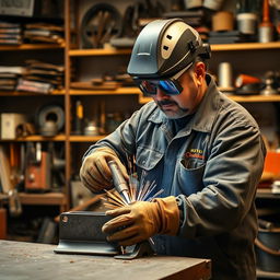 A skilled welder working on a large metal structure in a workshop environment