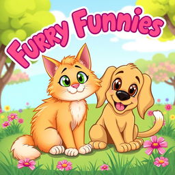 A whimsical and playful illustration featuring a fluffy cat and a cheerful dog, both with exaggerated cartoon-like features
