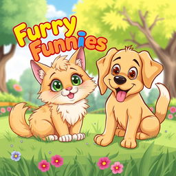 A whimsical and playful illustration featuring a fluffy cat and a cheerful dog, both with exaggerated cartoon-like features