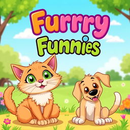A whimsical and playful illustration featuring a fluffy cat and a cheerful dog, both with exaggerated cartoon-like features