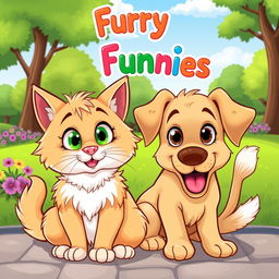 A whimsical and playful illustration featuring a fluffy cat and a cheerful dog, both with exaggerated cartoon-like features