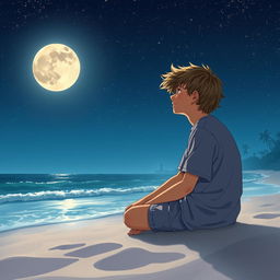 A serene scene depicting a teenage boy sitting on the soft sand of a beach, gazing thoughtfully at a clear night sky filled with twinkling stars