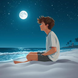 A serene scene depicting a teenage boy sitting on the soft sand of a beach, gazing thoughtfully at a clear night sky filled with twinkling stars