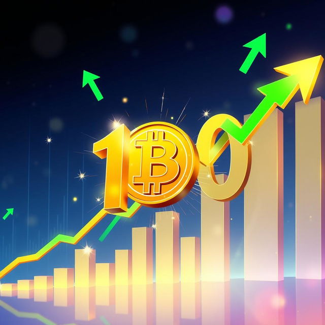 A vibrant and dynamic illustration depicting a giant golden number '100k' being crossed by an upward moving Bitcoin logo, symbolizing its milestone achievement