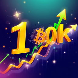 A vibrant and dynamic illustration depicting a giant golden number '100k' being crossed by an upward moving Bitcoin logo, symbolizing its milestone achievement