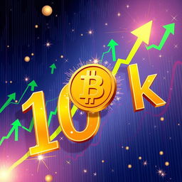 A vibrant and dynamic illustration depicting a giant golden number '100k' being crossed by an upward moving Bitcoin logo, symbolizing its milestone achievement