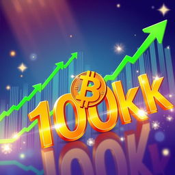 A vibrant and dynamic illustration depicting a giant golden number '100k' being crossed by an upward moving Bitcoin logo, symbolizing its milestone achievement