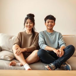 A beautiful Japanese woman, around 20 years old, with messy bun hairstyle, sitting on a sofa next to her 15-year-old younger brother