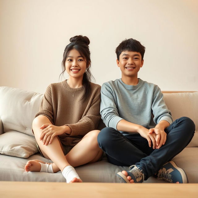 A beautiful Japanese woman, around 20 years old, with messy bun hairstyle, sitting on a sofa next to her 15-year-old younger brother