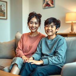 A beautiful Japanese woman, around 20 years old, with messy bun hairstyle, sitting on a sofa next to her 15-year-old younger brother