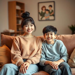 A beautiful Japanese woman, around 20 years old, with messy bun hairstyle, sitting on a sofa next to her 15-year-old younger brother