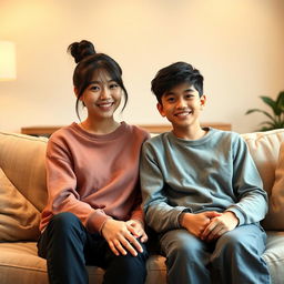 A beautiful Japanese woman, around 20 years old, with messy bun hairstyle, sitting on a sofa next to her 15-year-old younger brother