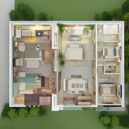 A detailed layout of a 30x35 3 BHK(dining, living and kitchen along with three bedrooms) home design, with an aesthetically pleasing and functional interior design.