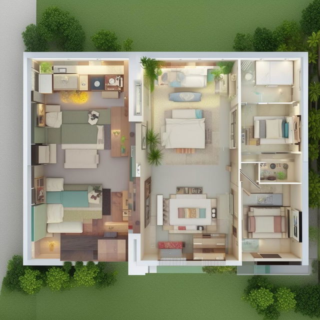 A detailed layout of a 30x35 3 BHK(dining, living and kitchen along with three bedrooms) home design, with an aesthetically pleasing and functional interior design.