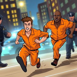 A dynamic scene depicting three men wearing bright orange prison jumpsuits sprinting away from police officers