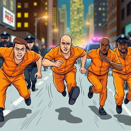A dynamic scene depicting three men wearing bright orange prison jumpsuits sprinting away from police officers