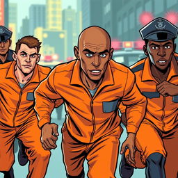 A dynamic scene depicting three men wearing bright orange prison jumpsuits sprinting away from police officers