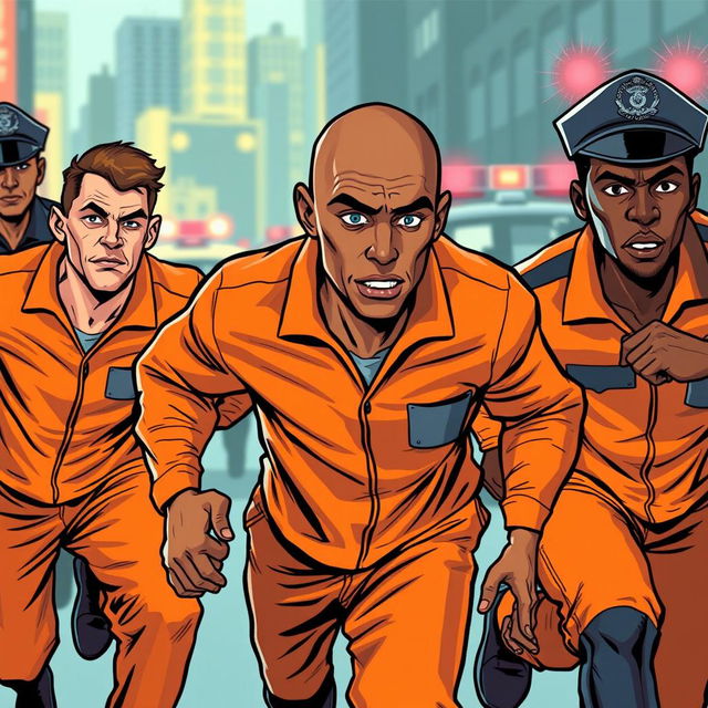A dynamic scene depicting three men wearing bright orange prison jumpsuits sprinting away from police officers