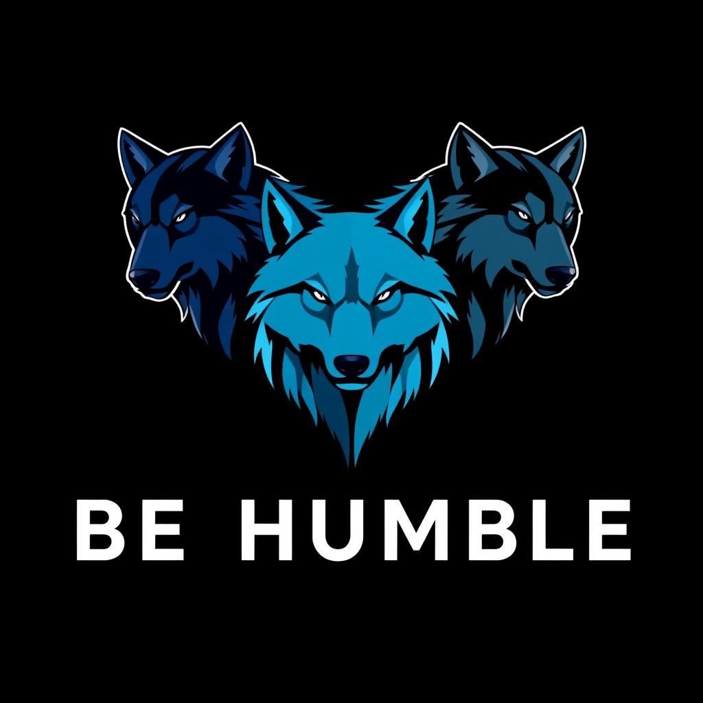 A logo design featuring the phrase 'BE HUMBLE' with four wolf heads in different shades of blue: navy blue, turquoise blue, sky blue, and teal