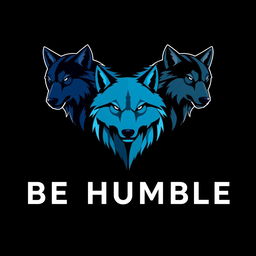 A logo design featuring the phrase 'BE HUMBLE' with four wolf heads in different shades of blue: navy blue, turquoise blue, sky blue, and teal