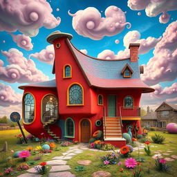 A whimsical and unusual house, featuring an asymmetrical design with vibrant colors, like bright reds, blues, and greens
