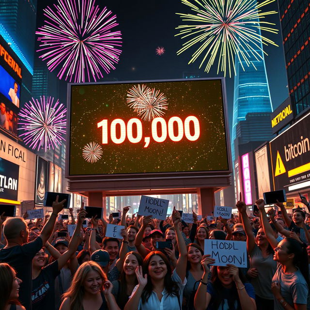 A vibrant and celebratory scene depicting a large digital billboard in a futuristic city celebrating Bitcoin reaching the milestone of 100k