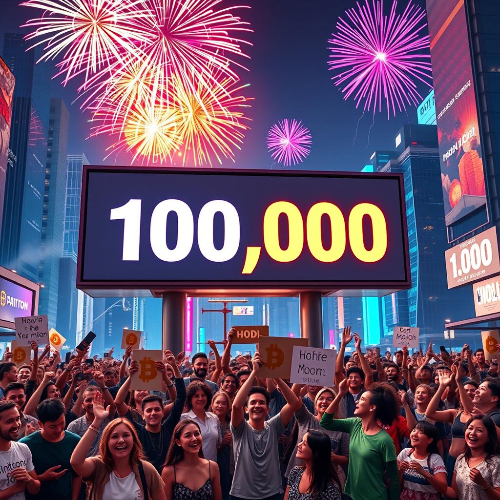 A vibrant and celebratory scene depicting a large digital billboard in a futuristic city celebrating Bitcoin reaching the milestone of 100k