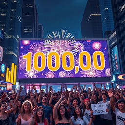 A vibrant and celebratory scene depicting a large digital billboard in a futuristic city celebrating Bitcoin reaching the milestone of 100k