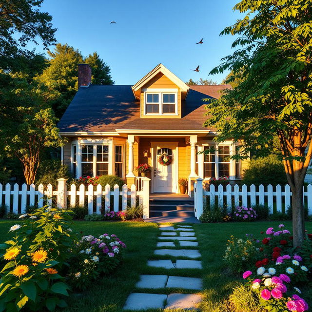 A cozy and inviting house surrounded by lush greenery, with colorful flowers in the garden