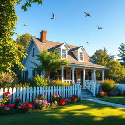 A cozy and inviting house surrounded by lush greenery, with colorful flowers in the garden