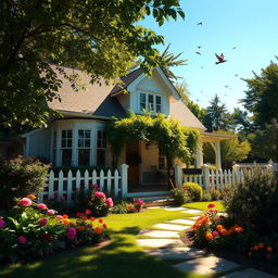 A cozy and inviting house surrounded by lush greenery, with colorful flowers in the garden