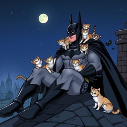 A dynamic scene featuring Batman, the iconic superhero, sitting on a gothic rooftop at night, surrounded by a playful group of adorable cats