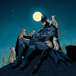 A dynamic scene featuring Batman, the iconic superhero, sitting on a gothic rooftop at night, surrounded by a playful group of adorable cats