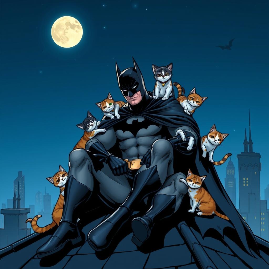 A dynamic scene featuring Batman, the iconic superhero, sitting on a gothic rooftop at night, surrounded by a playful group of adorable cats