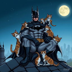 A dynamic scene featuring Batman, the iconic superhero, sitting on a gothic rooftop at night, surrounded by a playful group of adorable cats