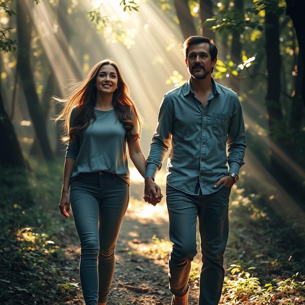 A couple searching for light, standing hand in hand in an enchanting, softly illuminated forest