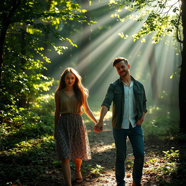 A couple searching for light, standing hand in hand in an enchanting, softly illuminated forest