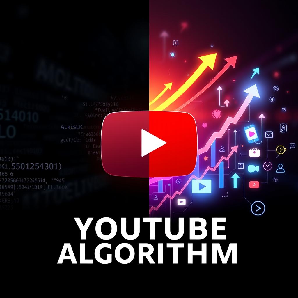 A visually striking YouTube thumbnail designed for a video about the YouTube algorithm, featuring a split design with a dark side and a light side, symbolizing the contrast of the algorithm's influence