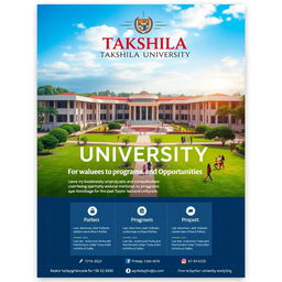 A realistic and detailed poster design for Takshila University, featuring the university's logo prominently at the top
