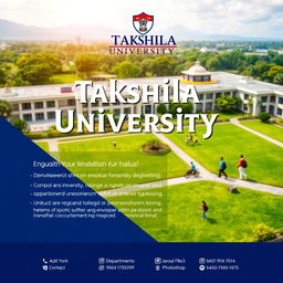 A realistic and detailed poster design for Takshila University, featuring the university's logo prominently at the top