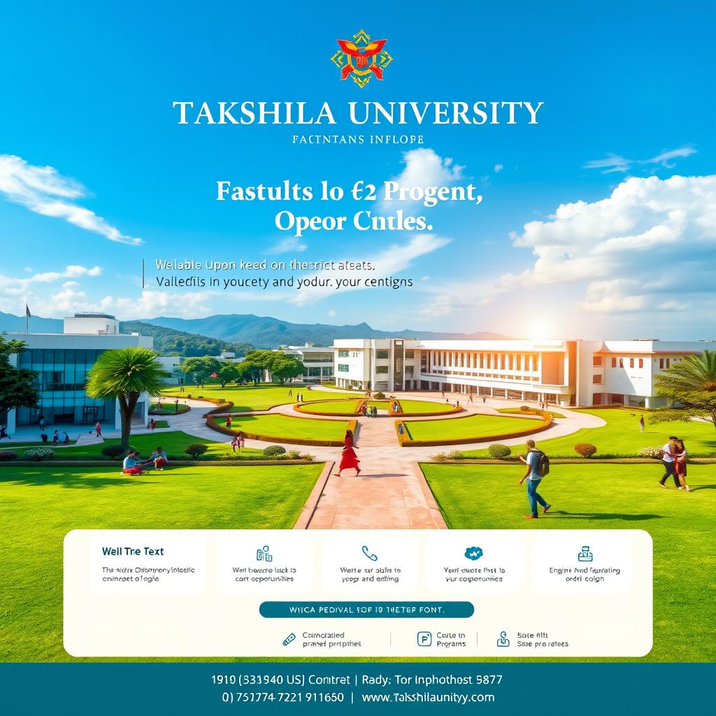 A realistic and detailed poster design for Takshila University, featuring the university's logo prominently at the top