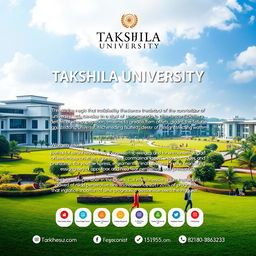 A realistic and detailed poster design for Takshila University, featuring the university's logo prominently at the top